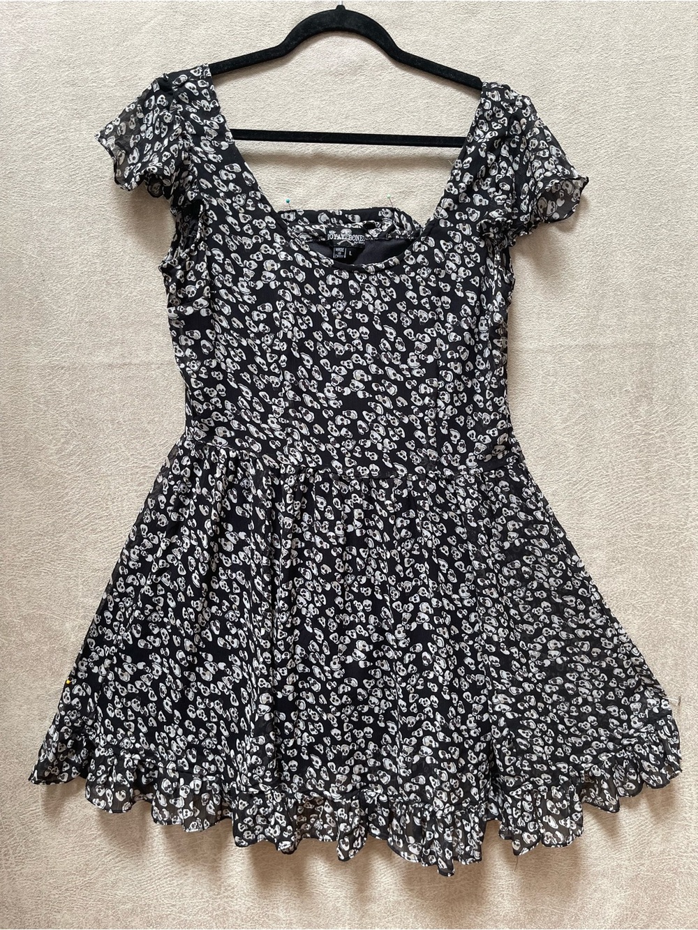 Royal Bones Black Cream Skull Print Vintage Goth Y2k Babydoll Mini Dress Daang